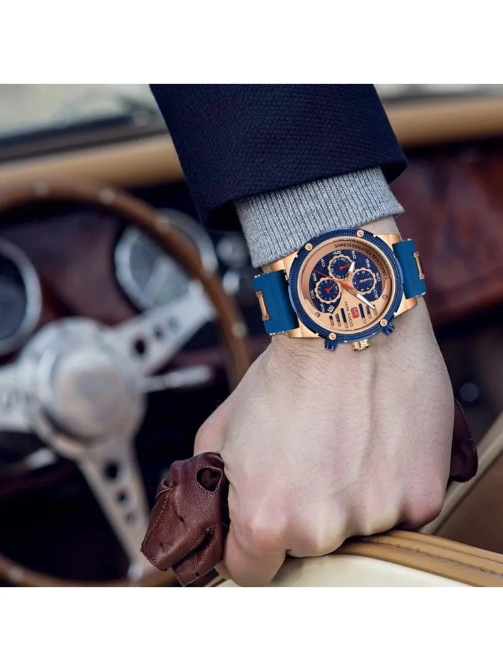 Men's Rose Blue Chronograph Waterproof Sport Military Analog Quartz Wrist Watch